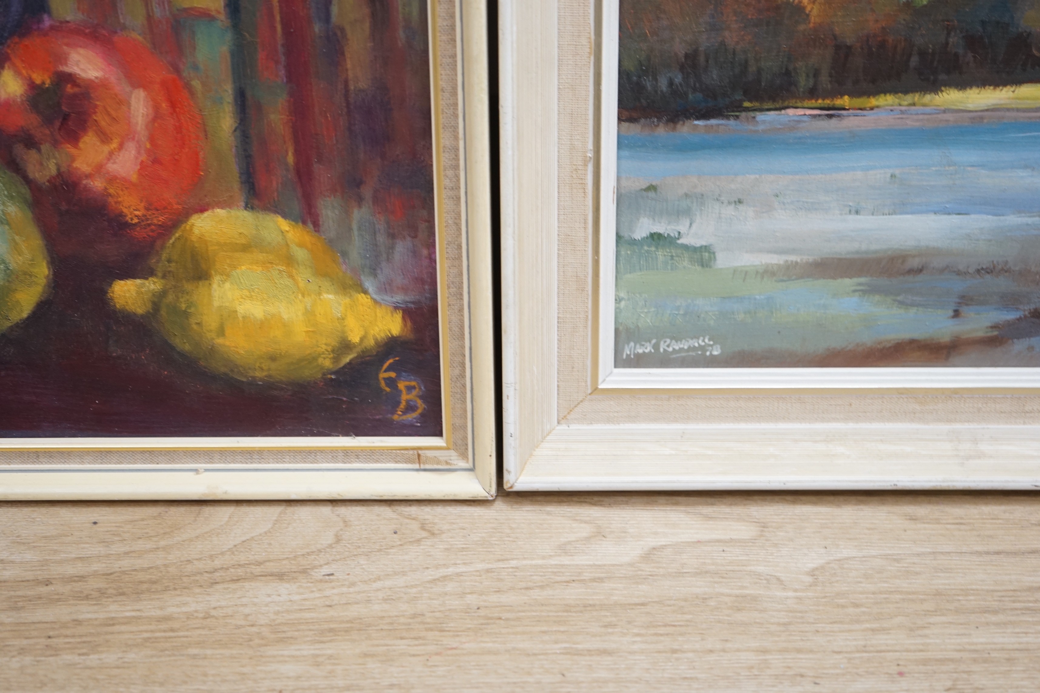Mark Randall (1921-2011), oil on board, 'Across the bay at Laugharne', signed and dated '78, 21 x 42cm and an oil still life, initialled EB, 40 x 50cm